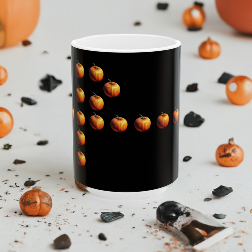 The Spooky Halloween Mug, (11oz, 15oz) is  white ceramic mug with a black background and a pattern of pumpkins, placed on a surface with fallen decorative pumpkins and a skeleton figure.