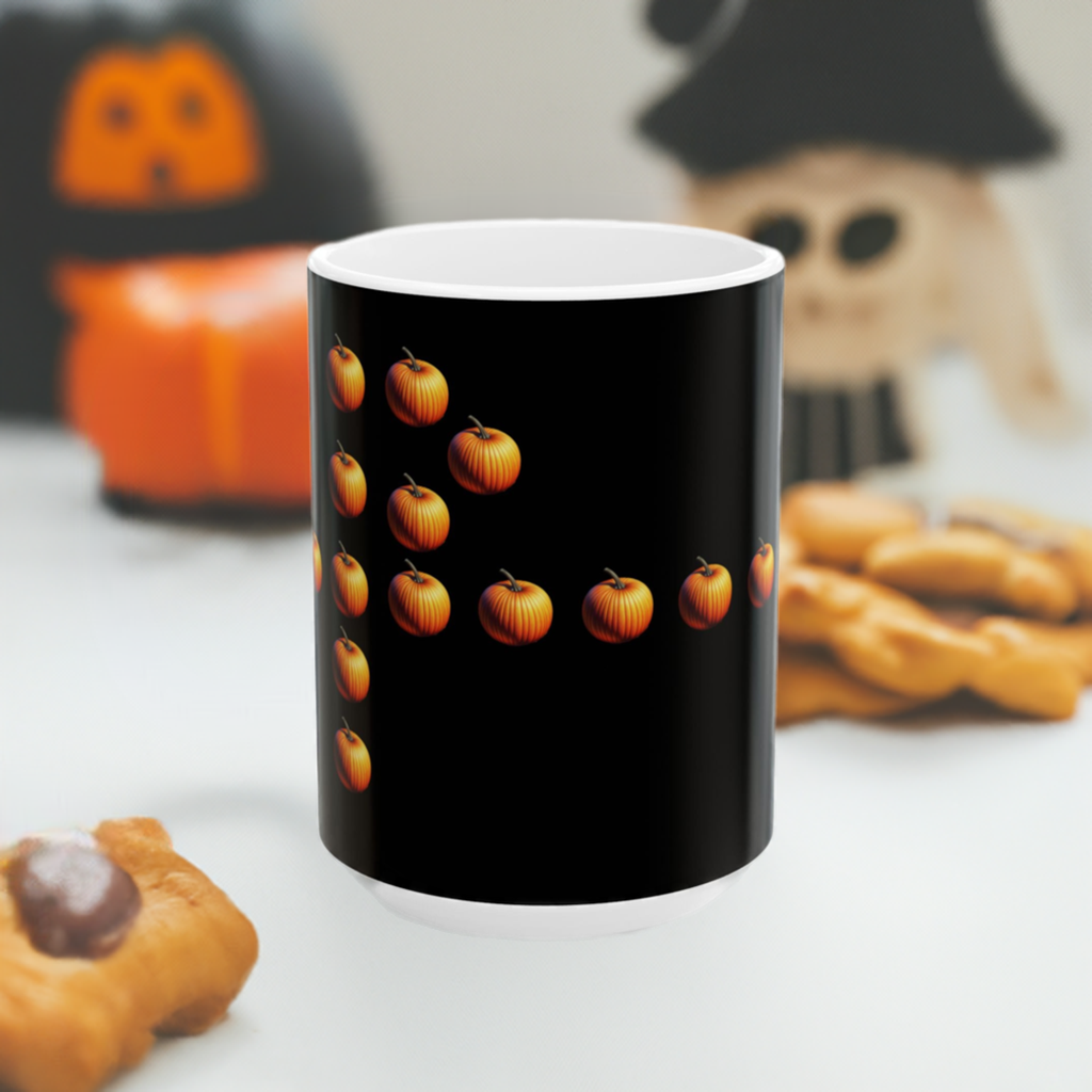 The Spooky Halloween Mug, (11oz, 15oz) is  white ceramic mug with a black background and a pattern of pumpkins, placed on a white surface with some dressed up ghosts around. 