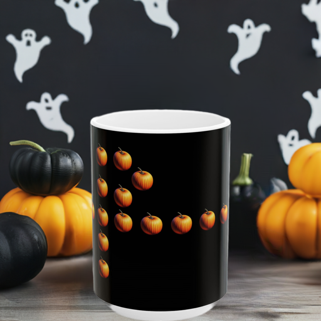 The Spooky Halloween Mug, (11oz, 15oz) is  white ceramic mug with a black background and a pattern of pumpkins, placed on a surface with fallen decorative pumpkins and ghosts. 