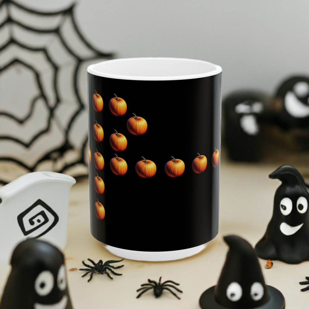 The Spooky Halloween Mug, (11oz, 15oz) is  white ceramic mug with a black background and a pattern of pumpkins, placed on a surface with cute black ghosts and some spiders. 