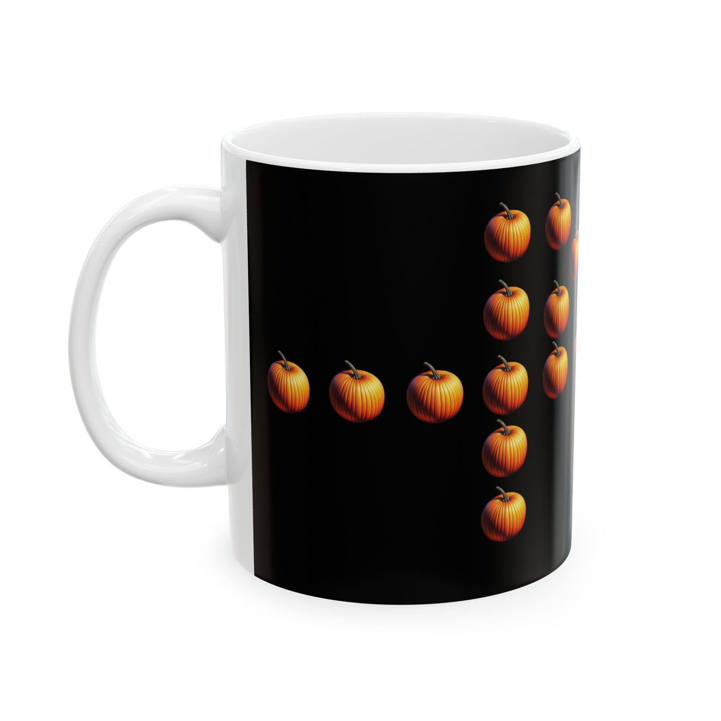 The Spooky Halloween Mug, (11oz, 15oz) is  white ceramic mug with a black background and a pattern of pumpkins. White background, left handle