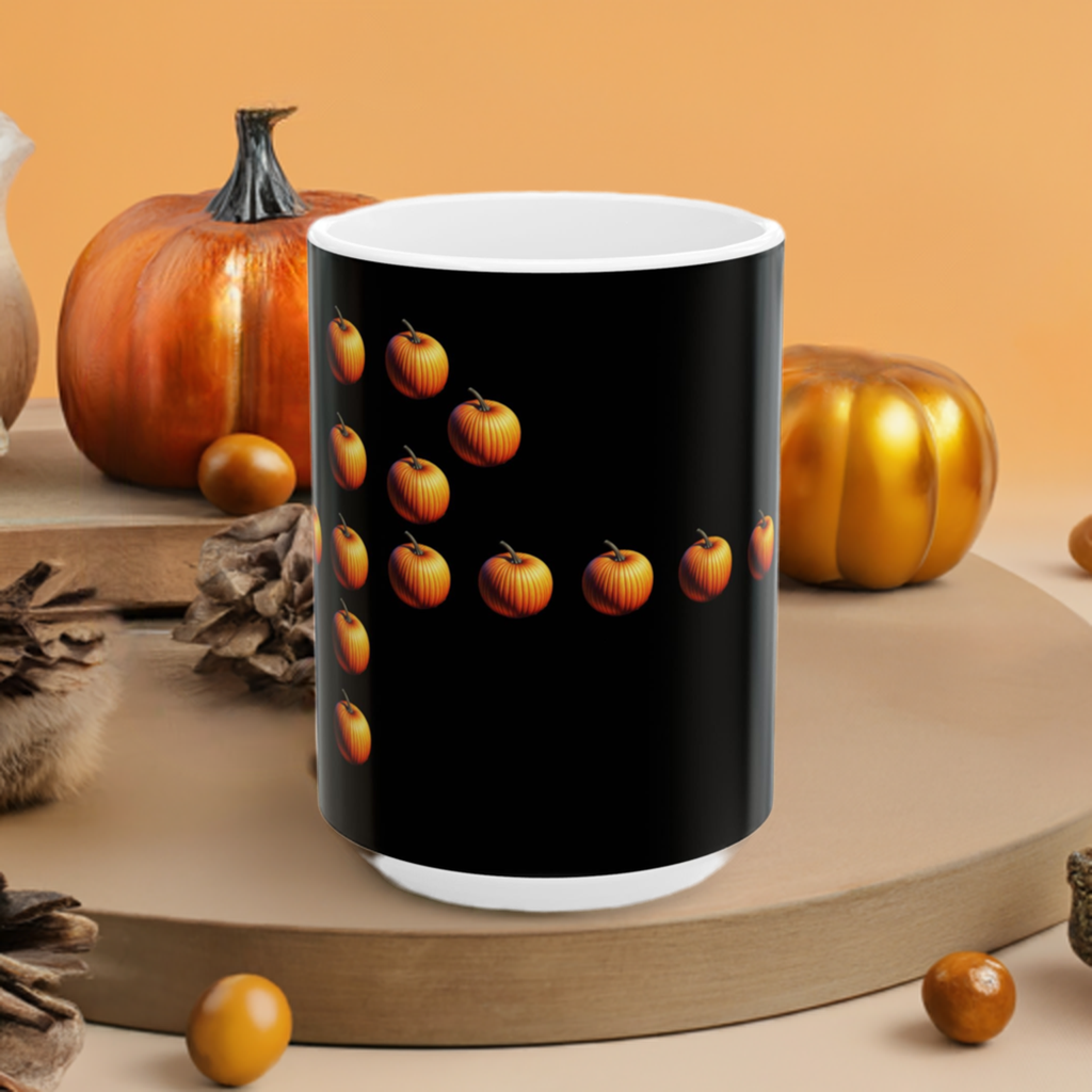 The Spooky Halloween Mug, (11oz, 15oz) is  white ceramic mug with a black background and a pattern of pumpkins, placed on a wood tray with pumpkins around. 