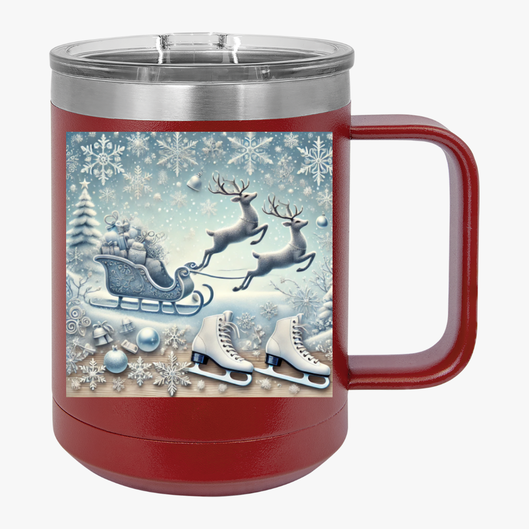 Winter Wonderland Coffee Mug Tumbler – 15oz stainless steel with snowflake reindeer design red