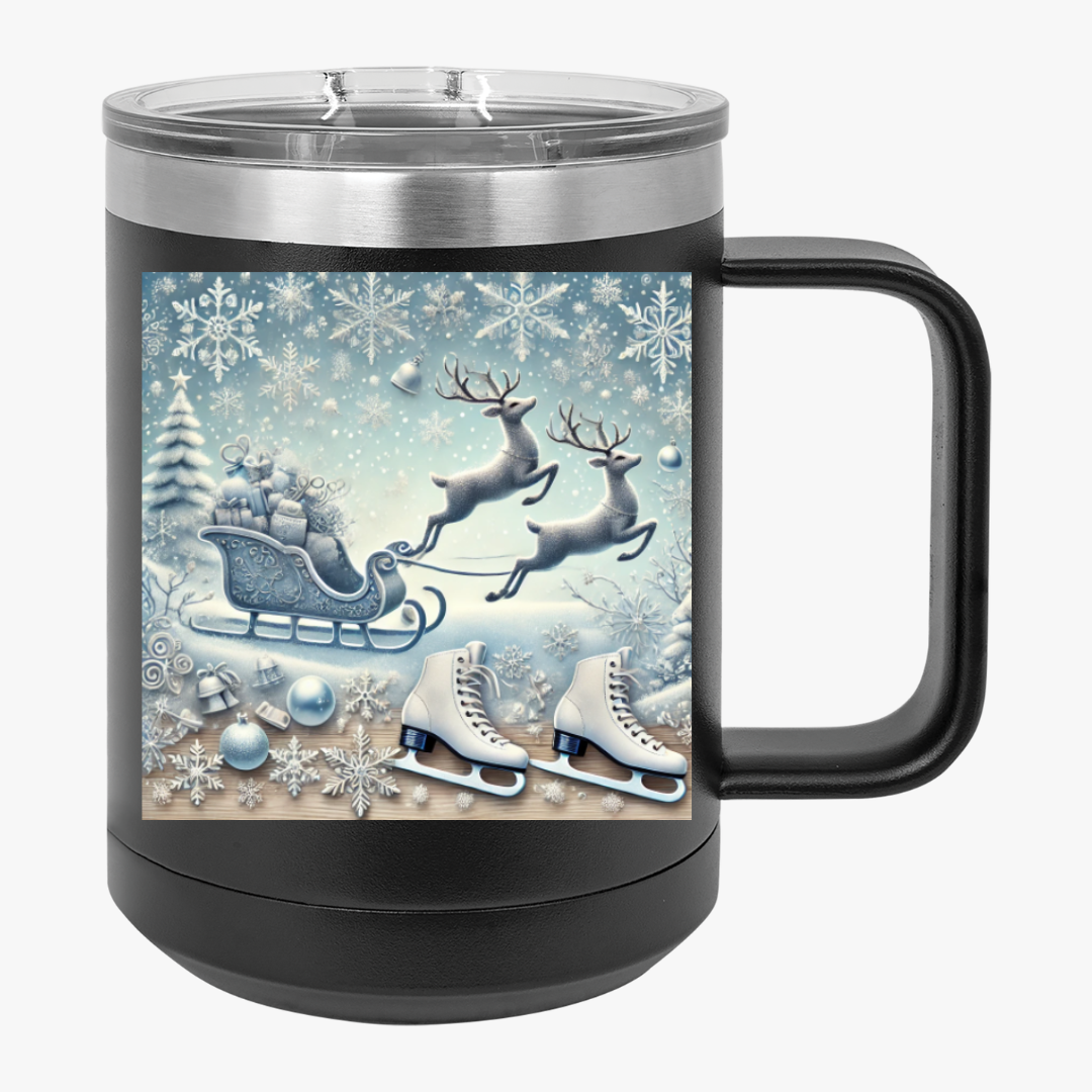 Winter Wonderland Coffee Mug Tumbler – 15oz stainless steel with snowflake reindeer design