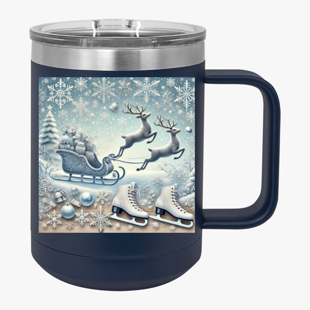 Winter Wonderland Coffee Mug Tumbler – 15oz stainless steel with snowflake reindeer design blue