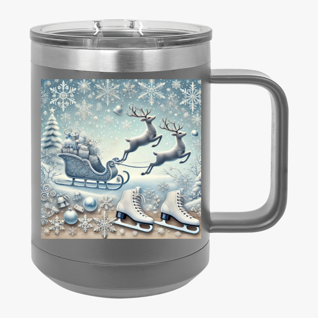 Winter Wonderland Coffee Mug Tumbler – 15oz stainless steel with snowflake reindeer design grey