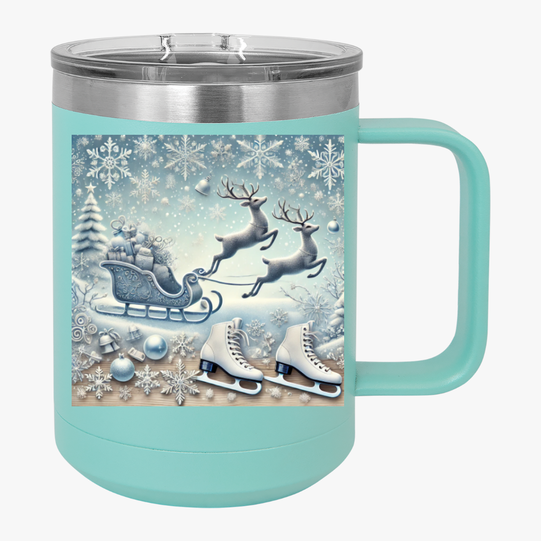 Winter Wonderland Coffee Mug Tumbler – 15oz stainless steel with snowflake reindeer design teal
