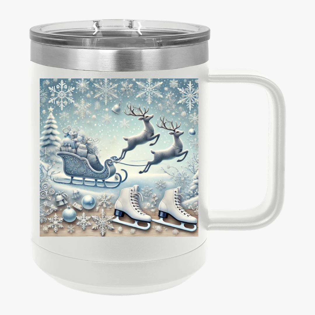 Winter Wonderland Coffee Mug Tumbler – 15oz stainless steel with snowflake reindeer design white
